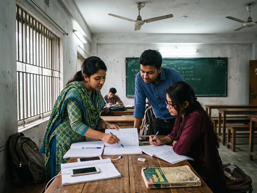 শ্রেণিকক্ষে একসাথে পড়ছেন কয়েকজন শিক্ষার্থী
